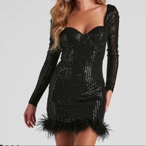 Windsor Long Sleeve Sequin Feather Mini Dress 🖤